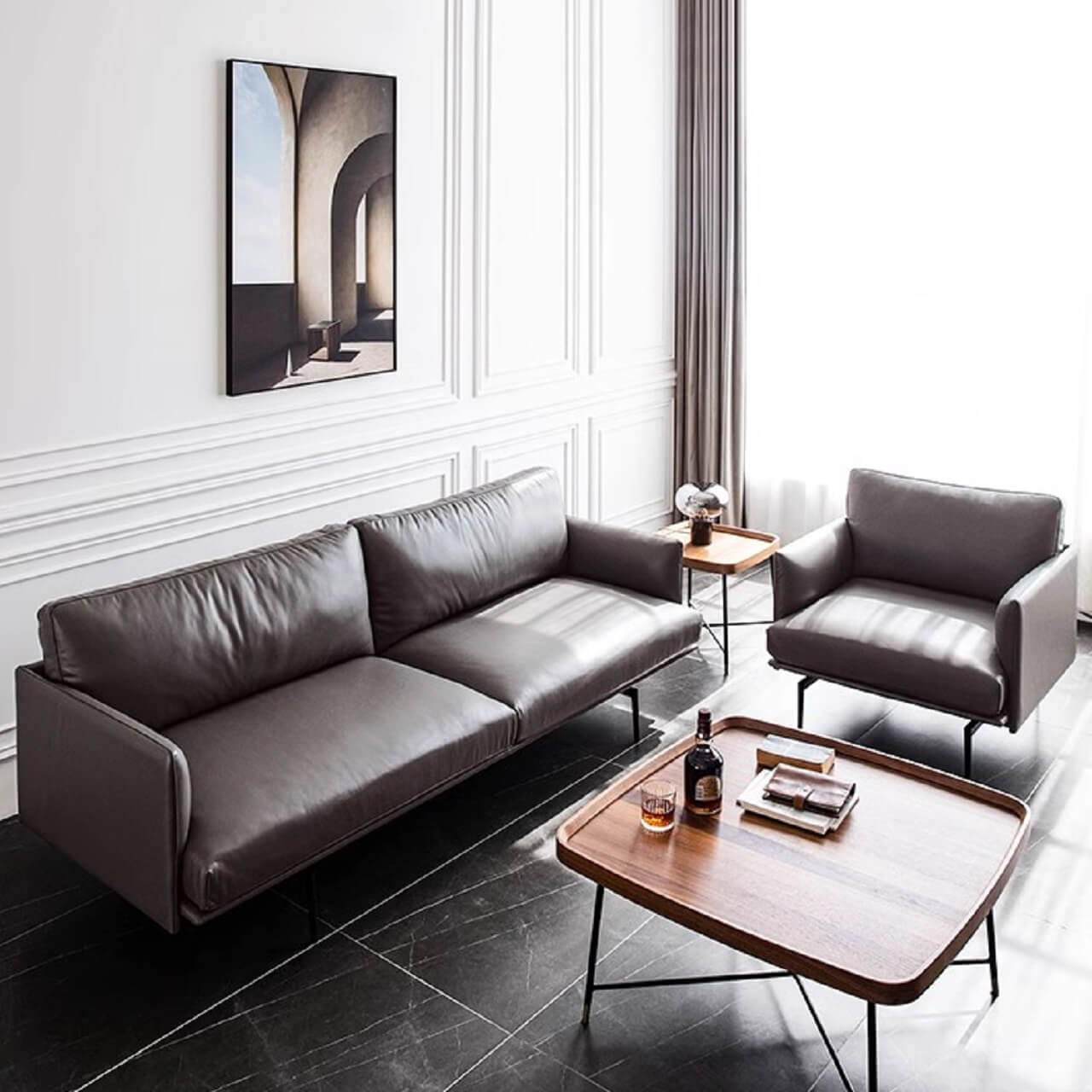 White microfiber leather sofa with minimalist design, measuring 87.8 inches long