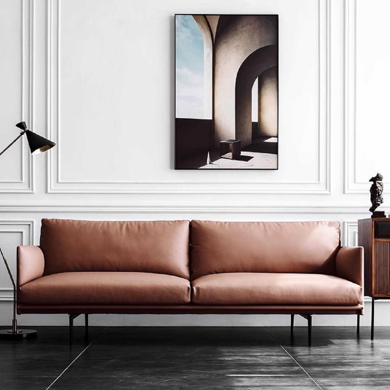 White microfiber leather sofa with minimalist design, measuring 87.8 inches long