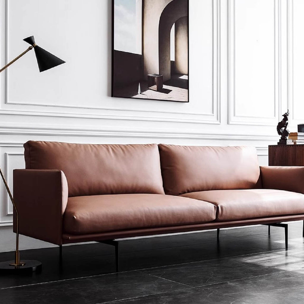 White microfiber leather sofa with minimalist design, measuring 87.8 inches long