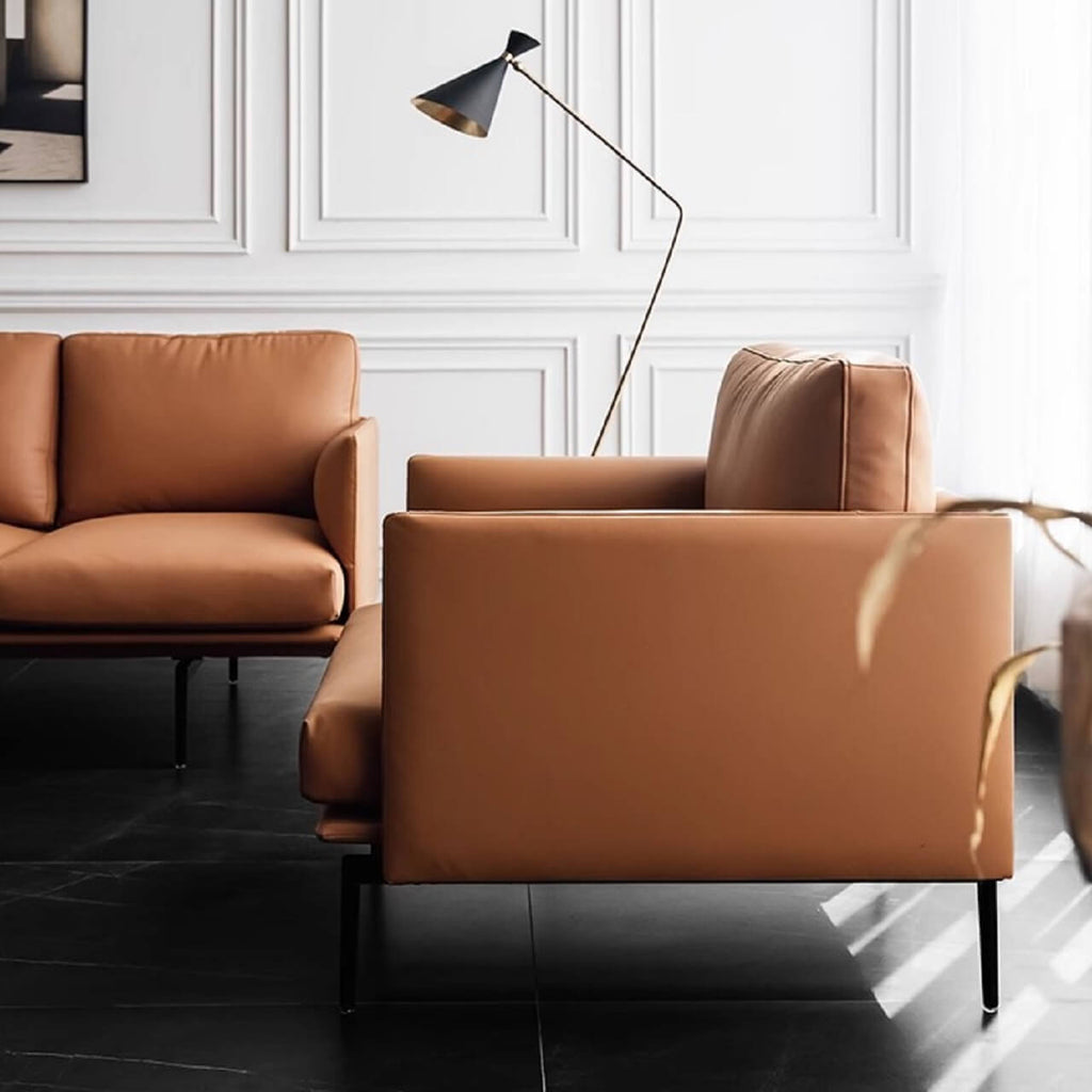 White microfiber leather sofa with minimalist design, measuring 87.8 inches long