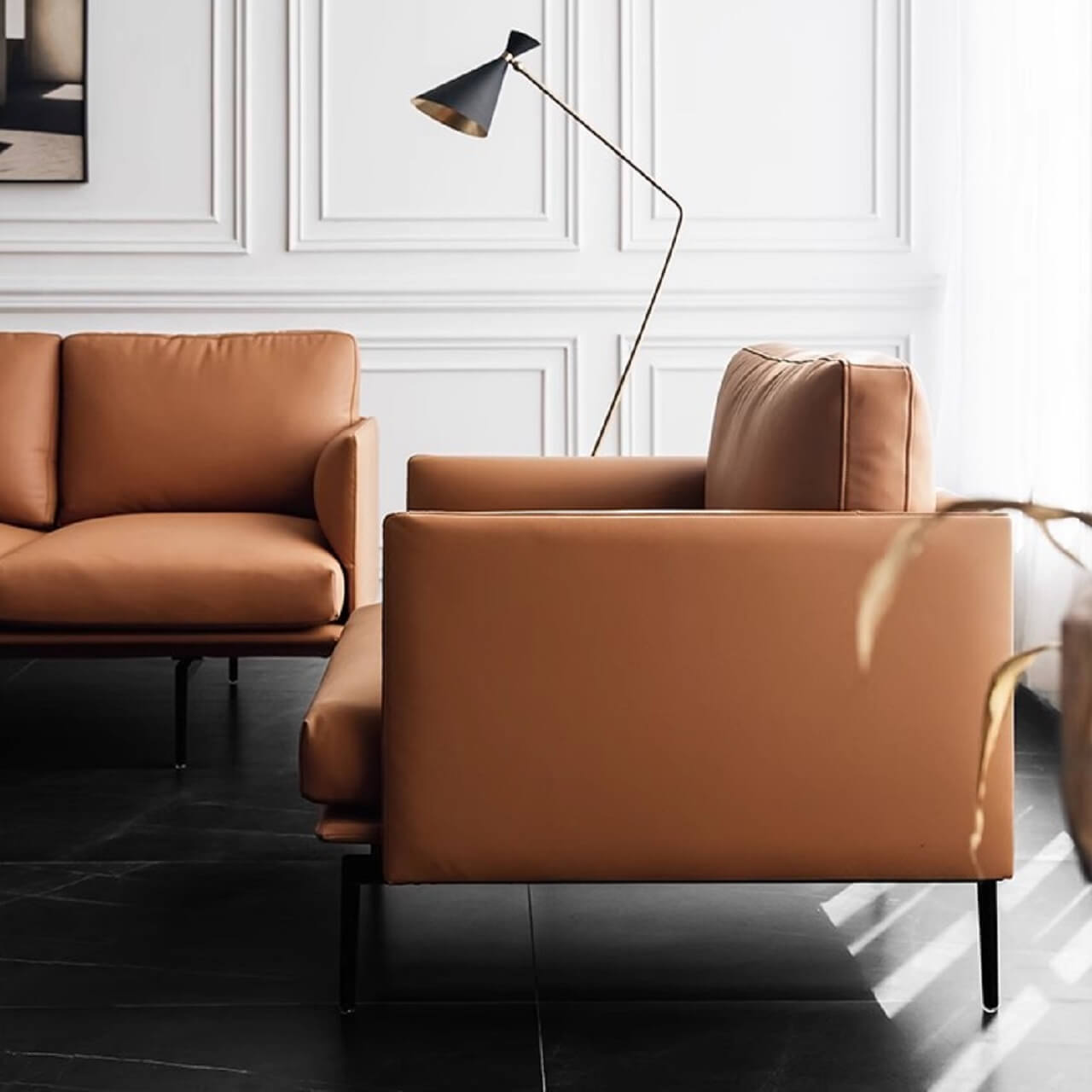 White microfiber leather sofa with minimalist design, measuring 87.8 inches long