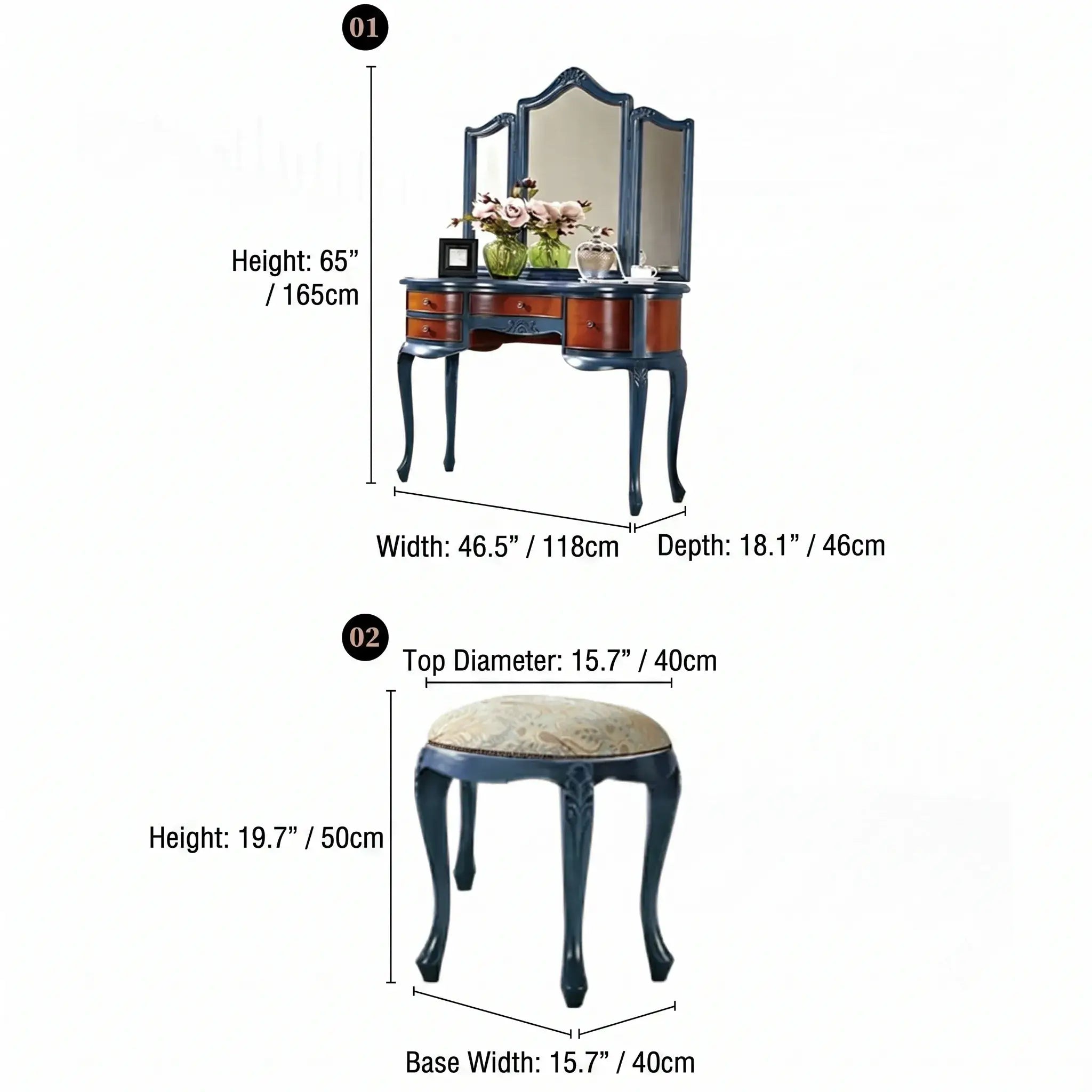 Mahogany Vanity with Cabriole Legs and Tri-Fold Adjustable Mirror Dimensions