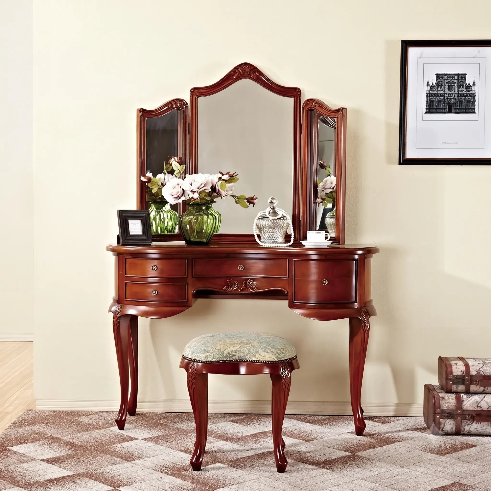 Mahogany Vanity with Cabriole Legs and Tri-Fold Adjustable Mirror Main Product Image
