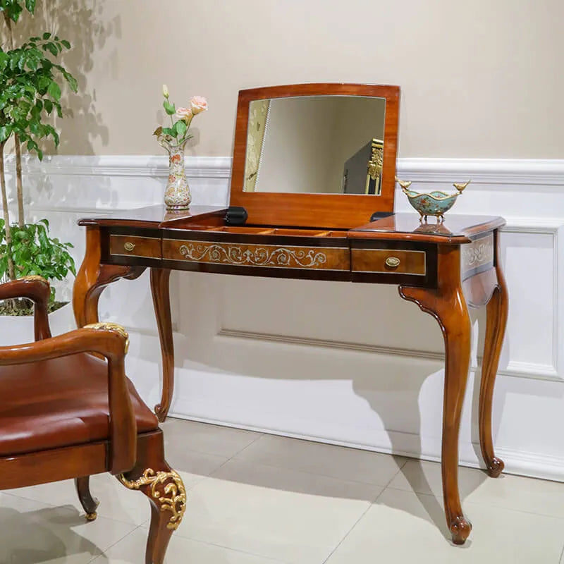 Mahogany Vanity with Hidden Jewelry Mirror and Velvet-Lined Compartments