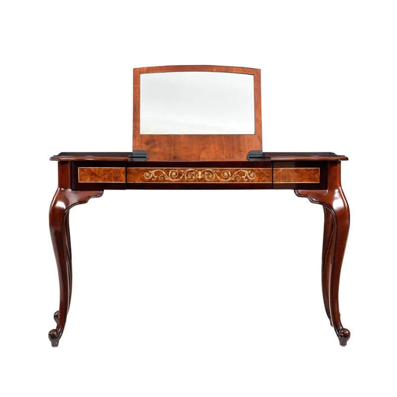 Mahogany Vanity with Hidden Jewelry Mirror and Velvet-Lined Compartments