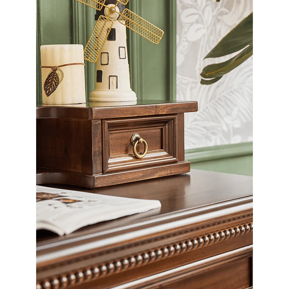 Mahogany Vanity with Sculptural Drum Legs and Hidden Stationery Compartment