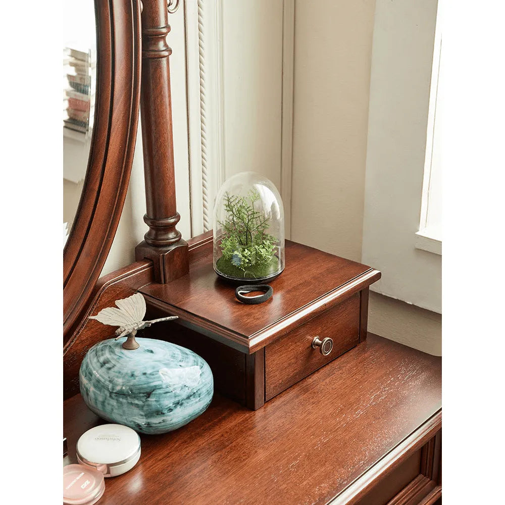 Mahogany Vanity with Sculptural Turned Legs and Tufted Upholstered Stool