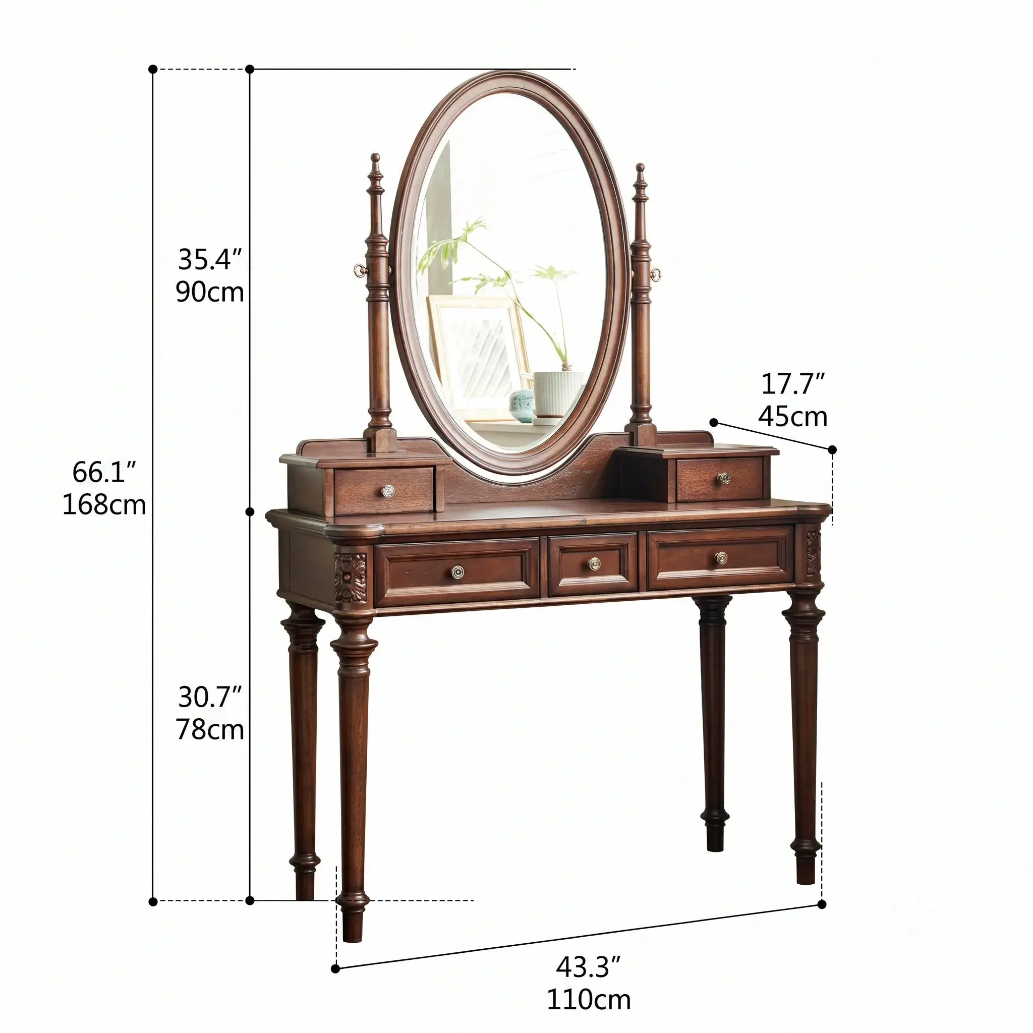 Mahogany Vanity with Sculptural Turned Legs and Tufted Upholstered Stool Dimensions
