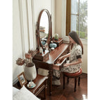 Mahogany Vanity with Sculptural Turned Legs and Tufted Upholstered Stool Main Product Image