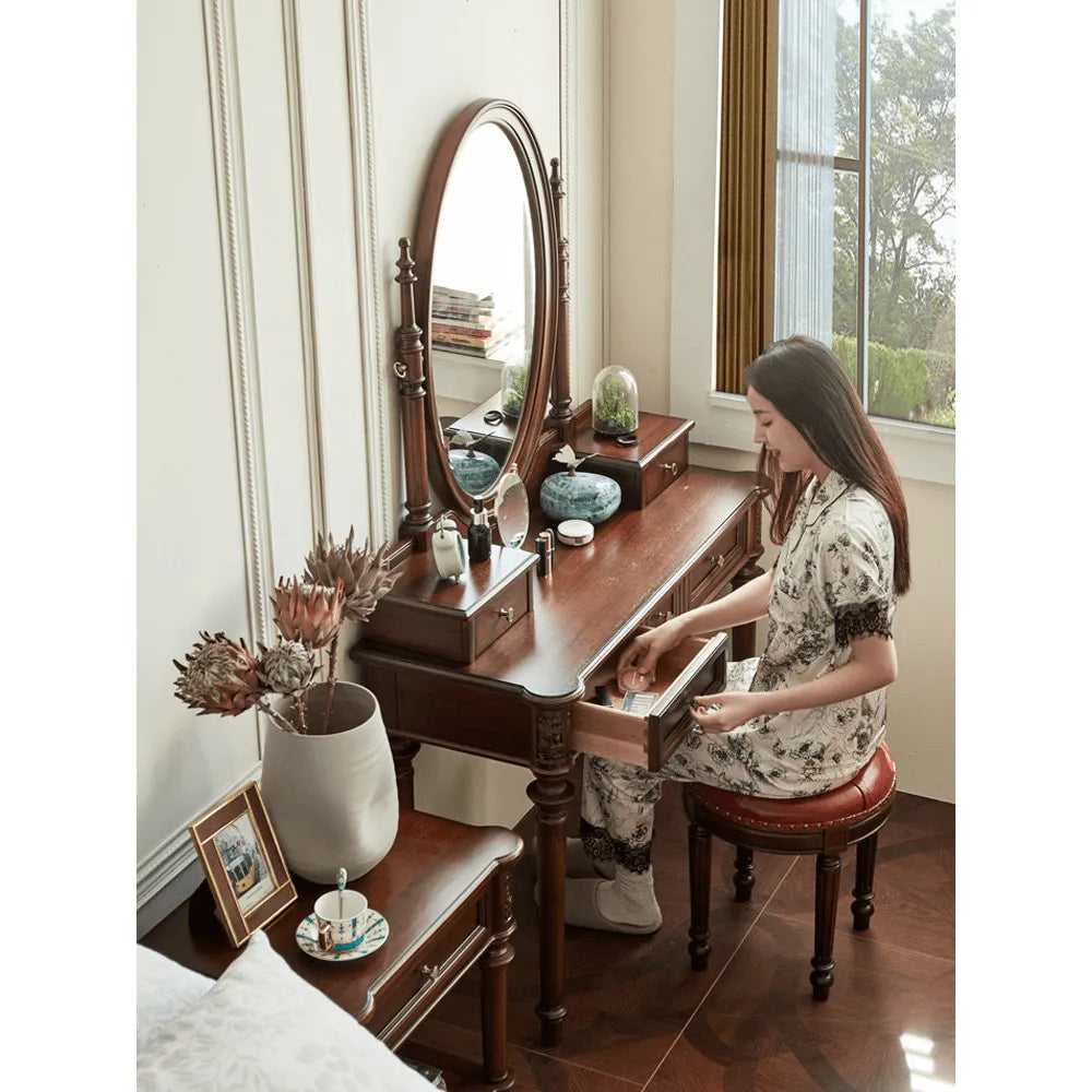 Mahogany Vanity with Sculptural Turned Legs and Tufted Upholstered Stool Main Product Image