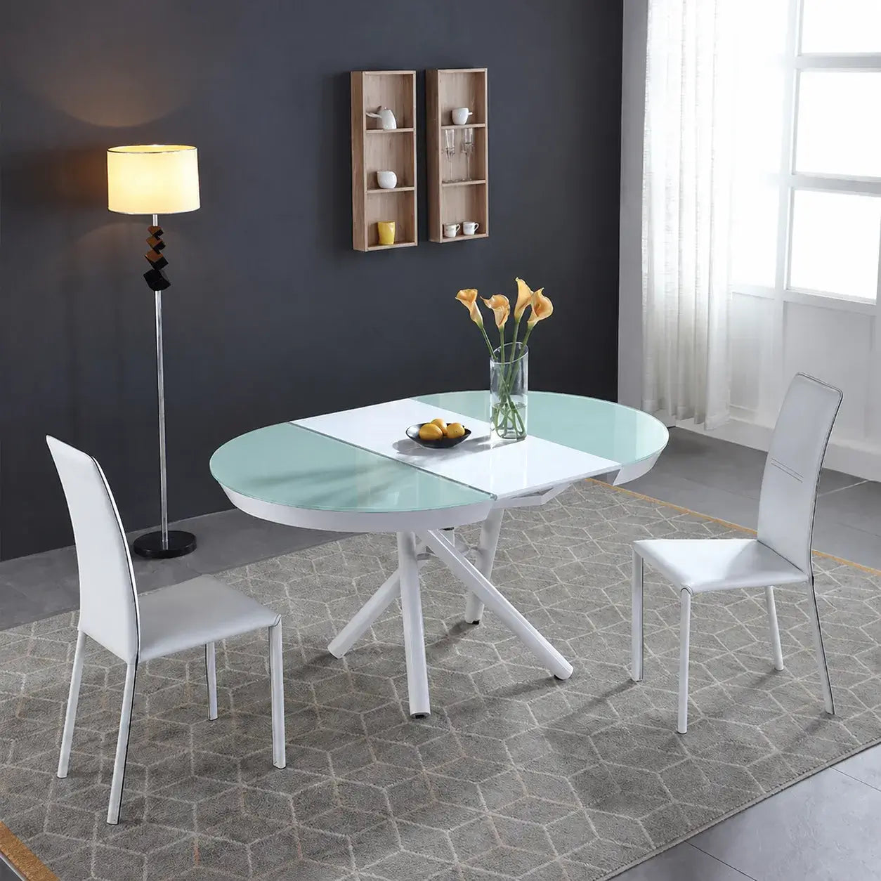 Marble-Look Sintered Stone Extendable Table with Lift-Top Sculptural Base for 6-8