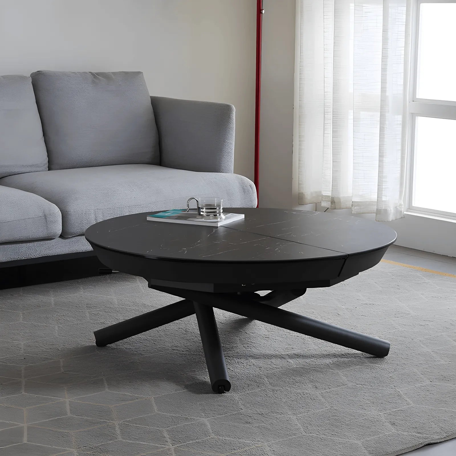 Marble-Look Sintered Stone Extendable Table with Lift-Top Sculptural Base for 6-8