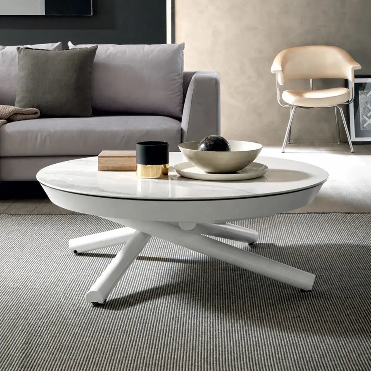 Marble-Look Sintered Stone Extendable Table with Lift-Top Sculptural Base for 6-8 Main Product Image