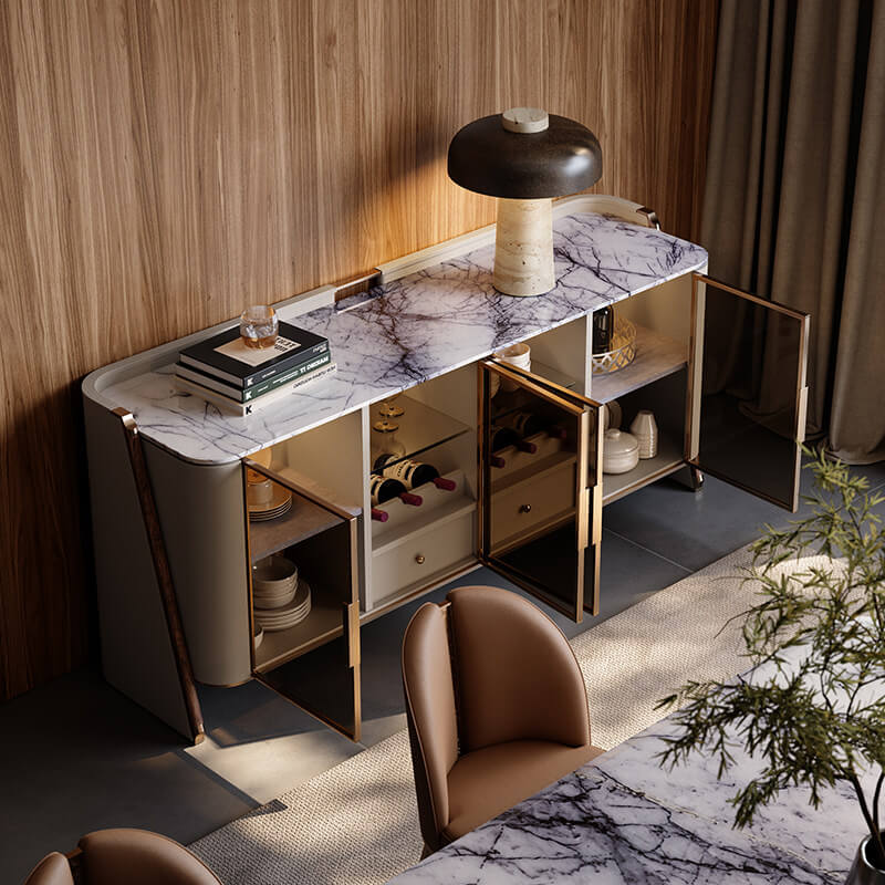 Marble Top Sideboard with Curved Silhouette and Amber Glass Doors