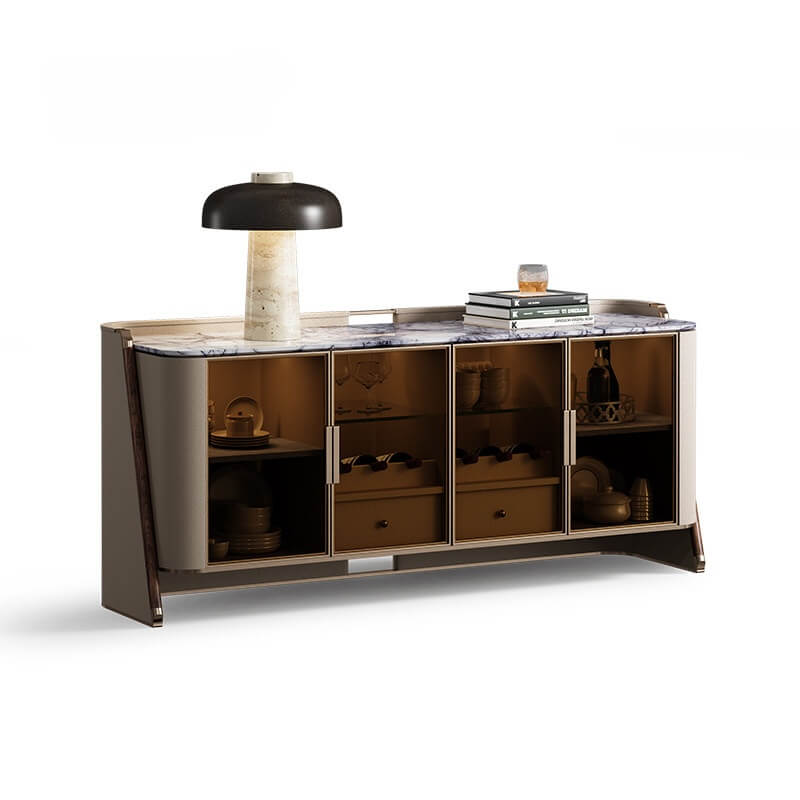 Marble Top Sideboard with Curved Silhouette and Amber Glass Doors