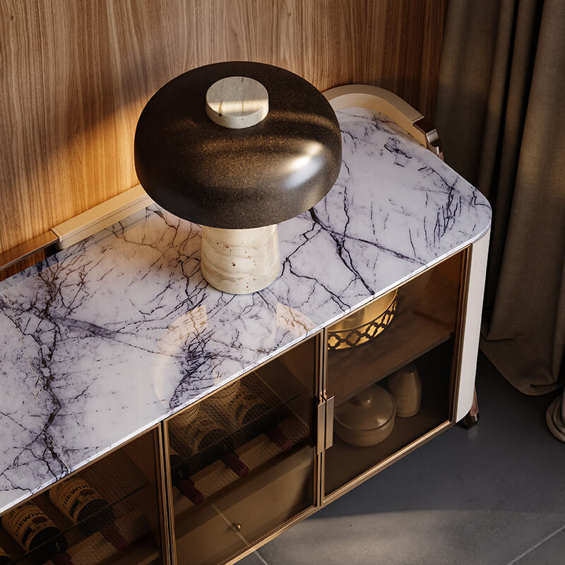 Marble Top Sideboard with Curved Silhouette and Amber Glass Doors