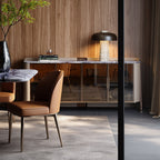 Marble Top Sideboard with Curved Silhouette and Amber Glass Doors