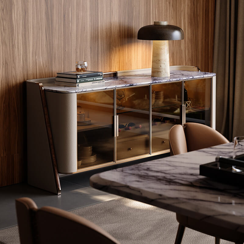 Marble Top Sideboard with Curved Silhouette and Amber Glass Doors Main Product Image