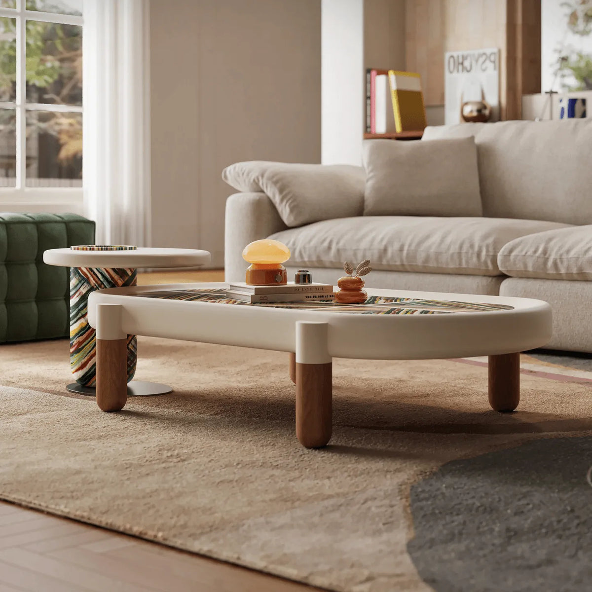 Marquetry Coffee Table Set with Sculptural Dual Levels and Rounded Form