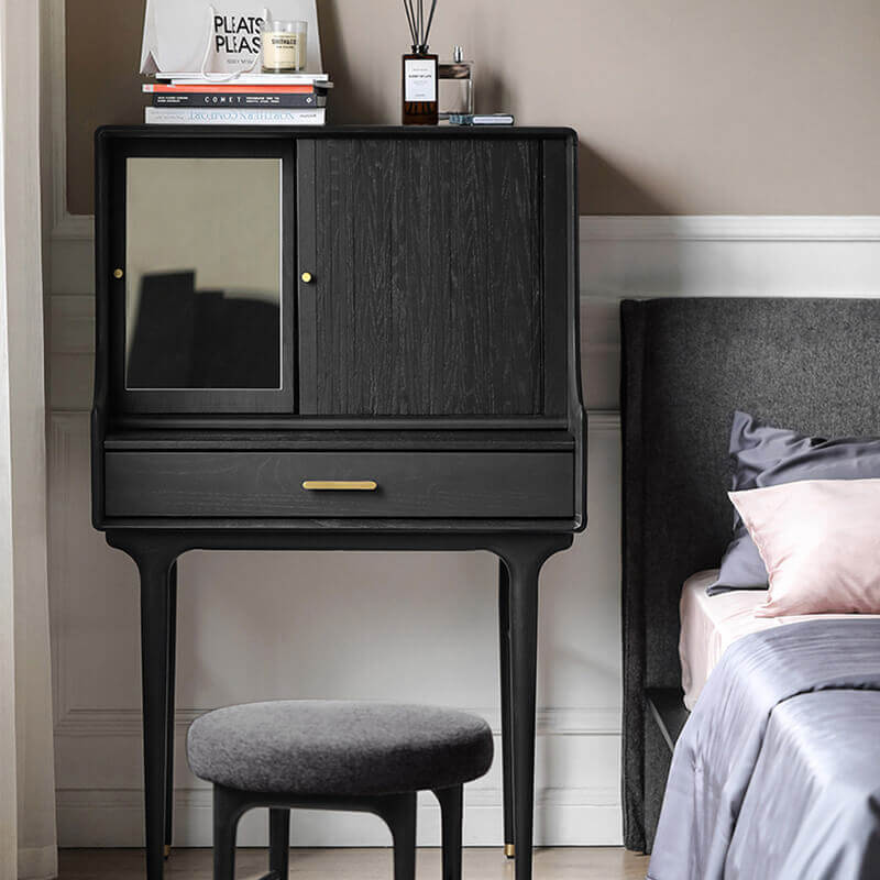 Medieval Solid Wood Vanity With Sliding Mirror - Black/Nut-brown/Natural