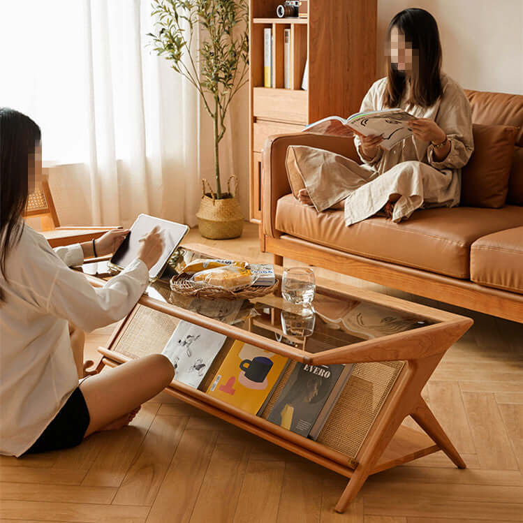 Mittlere Kirschglas-Couchtafel mit Rattan-Stauraum Zweitbild