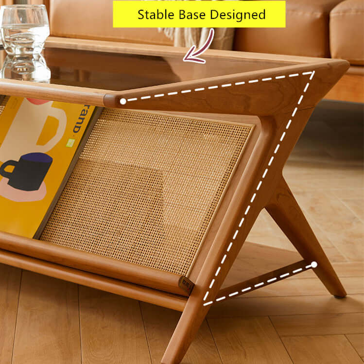 Medium Cherry Glass Coffee Table with Rattan Storage