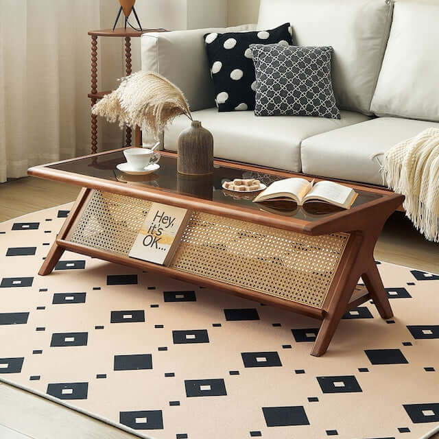 Medium Cherry Glass Coffee Table with Rattan Storage