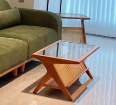 Medium Cherry Glass Coffee Table with Rattan Storage