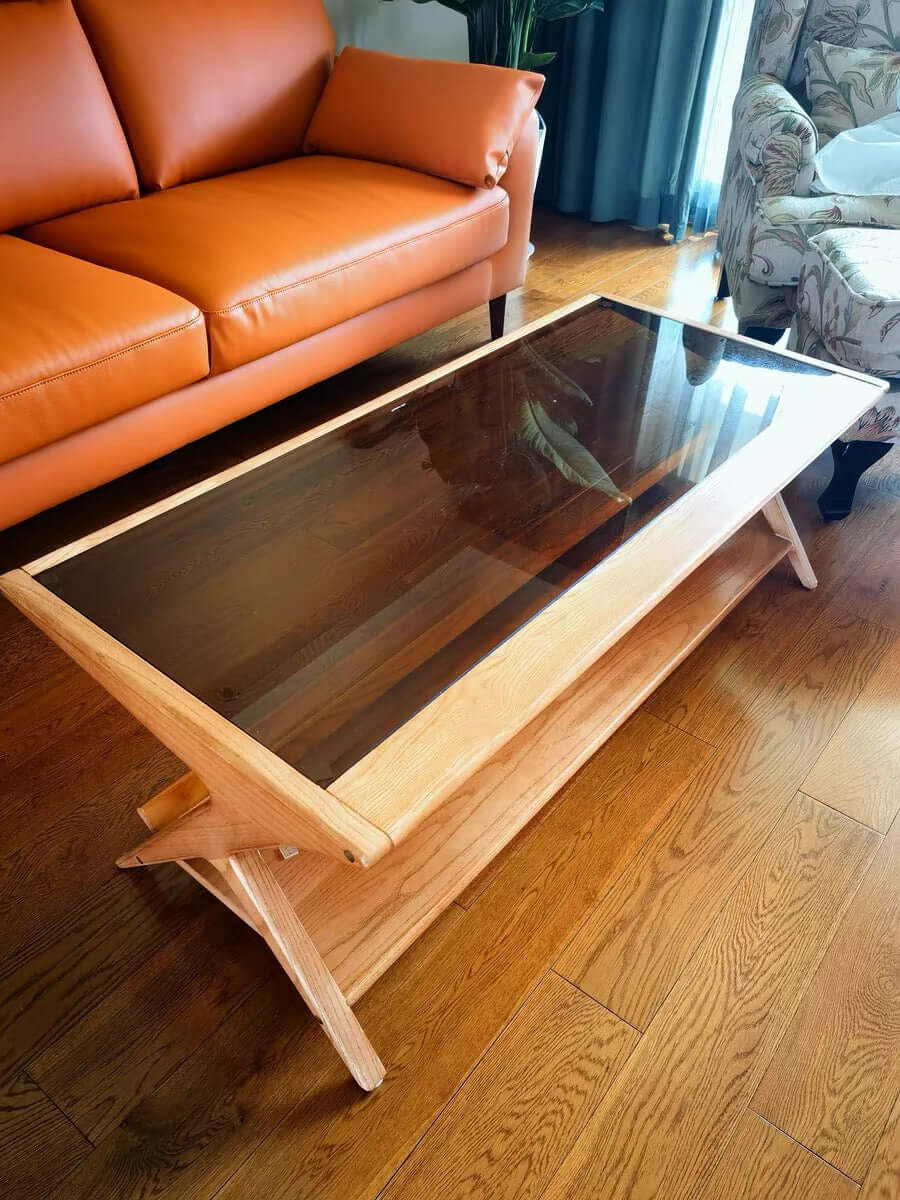 Medium Cherry Glass Coffee Table with Rattan Storage
