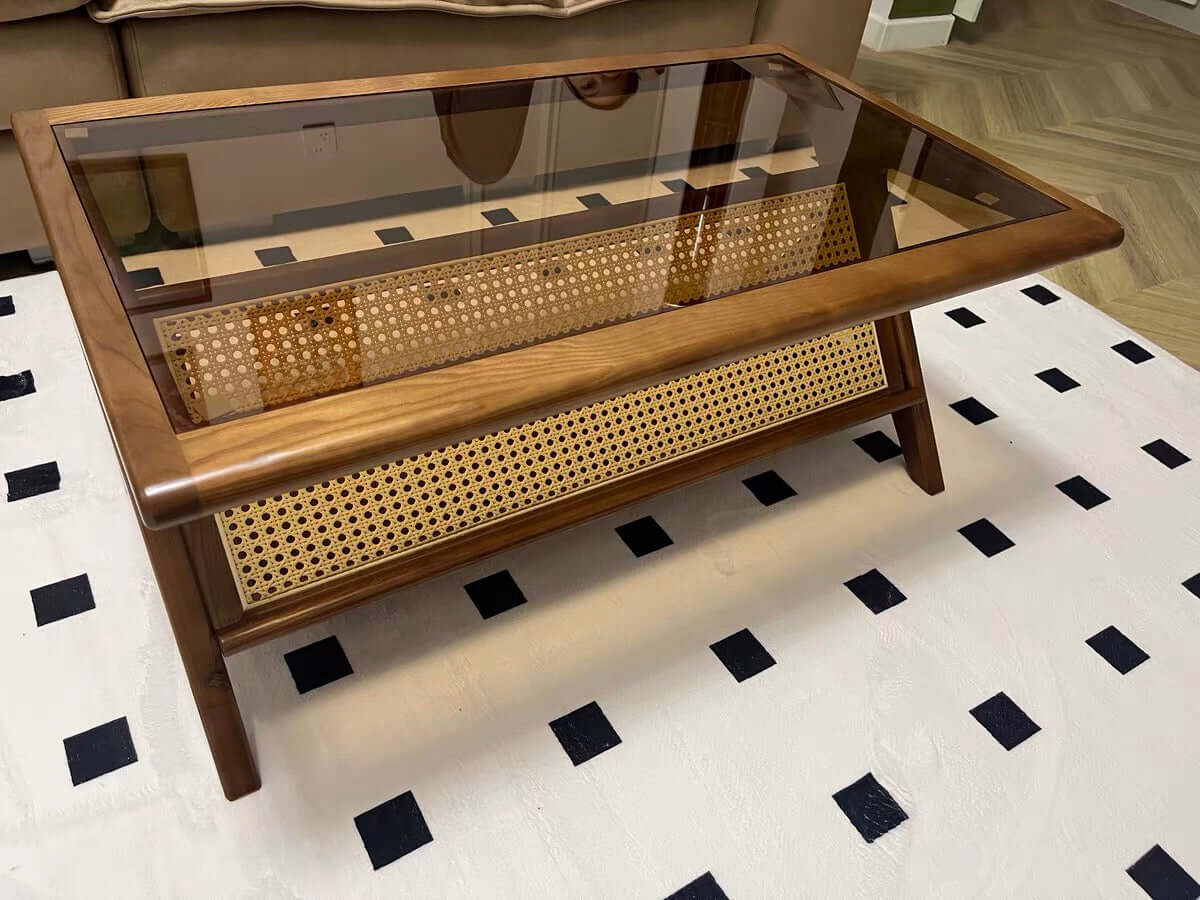 Medium Cherry Glass Coffee Table with Rattan Storage