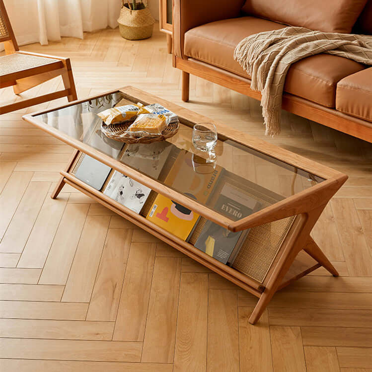 Medium Cherry Glass Coffee Table with Rattan Storage Main Product Image