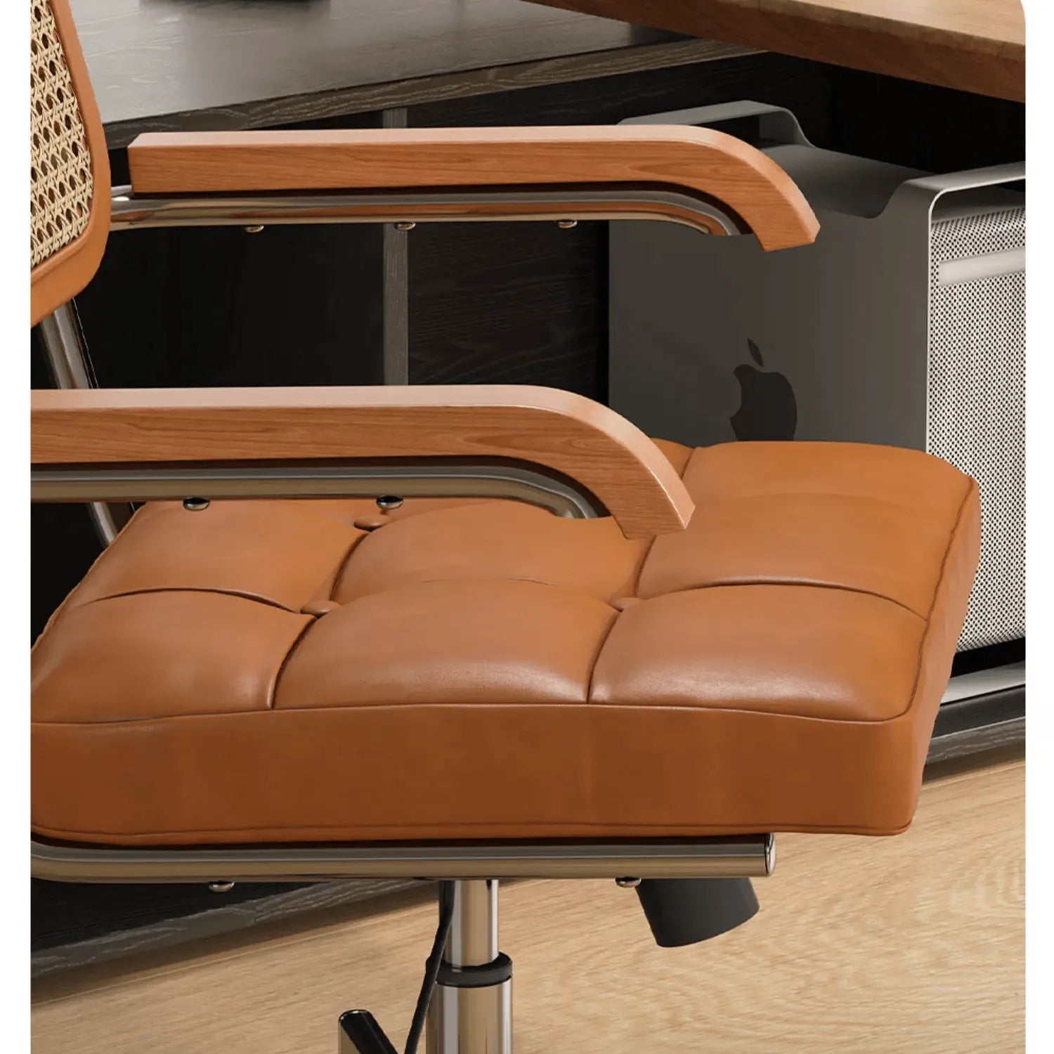 Mid-Century Cane Back Office Chair with Wood Arms and Silent Swivel Base