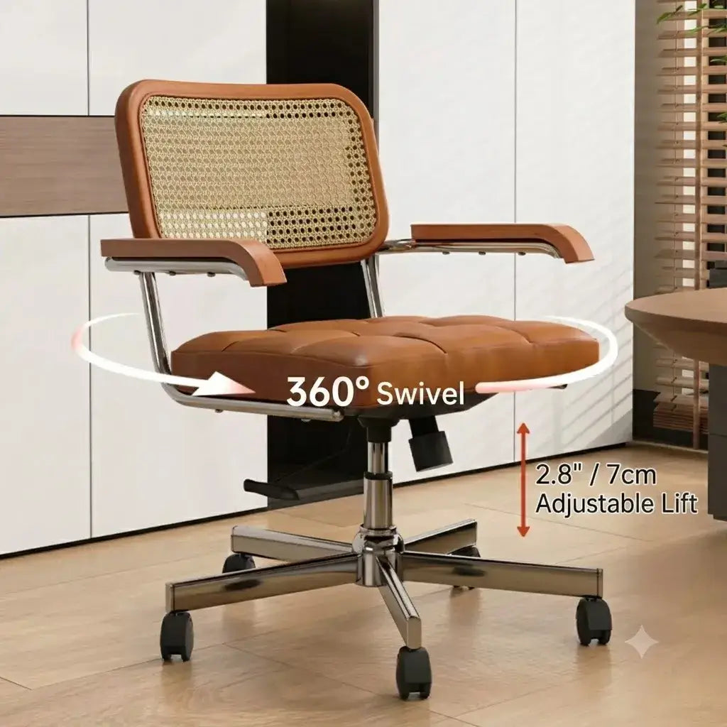 Mid-Century Cane Back Office Chair with Wood Arms and Silent Swivel Base