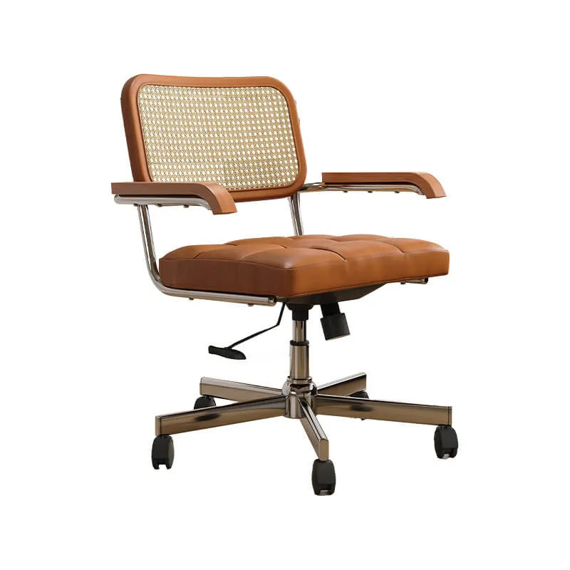 Mid-Century Cane Back Office Chair with Wood Arms and Silent Swivel Base
