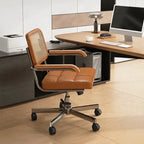 Mid-Century Cane Back Office Chair with Wood Arms and Silent Swivel Base