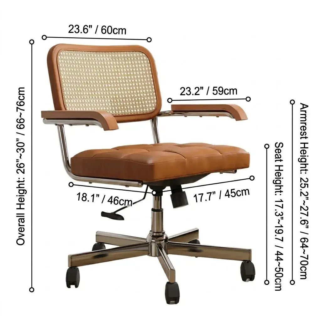 Mid-Century Cane Back Office Chair with Wood Arms and Silent Swivel Base Dimensions