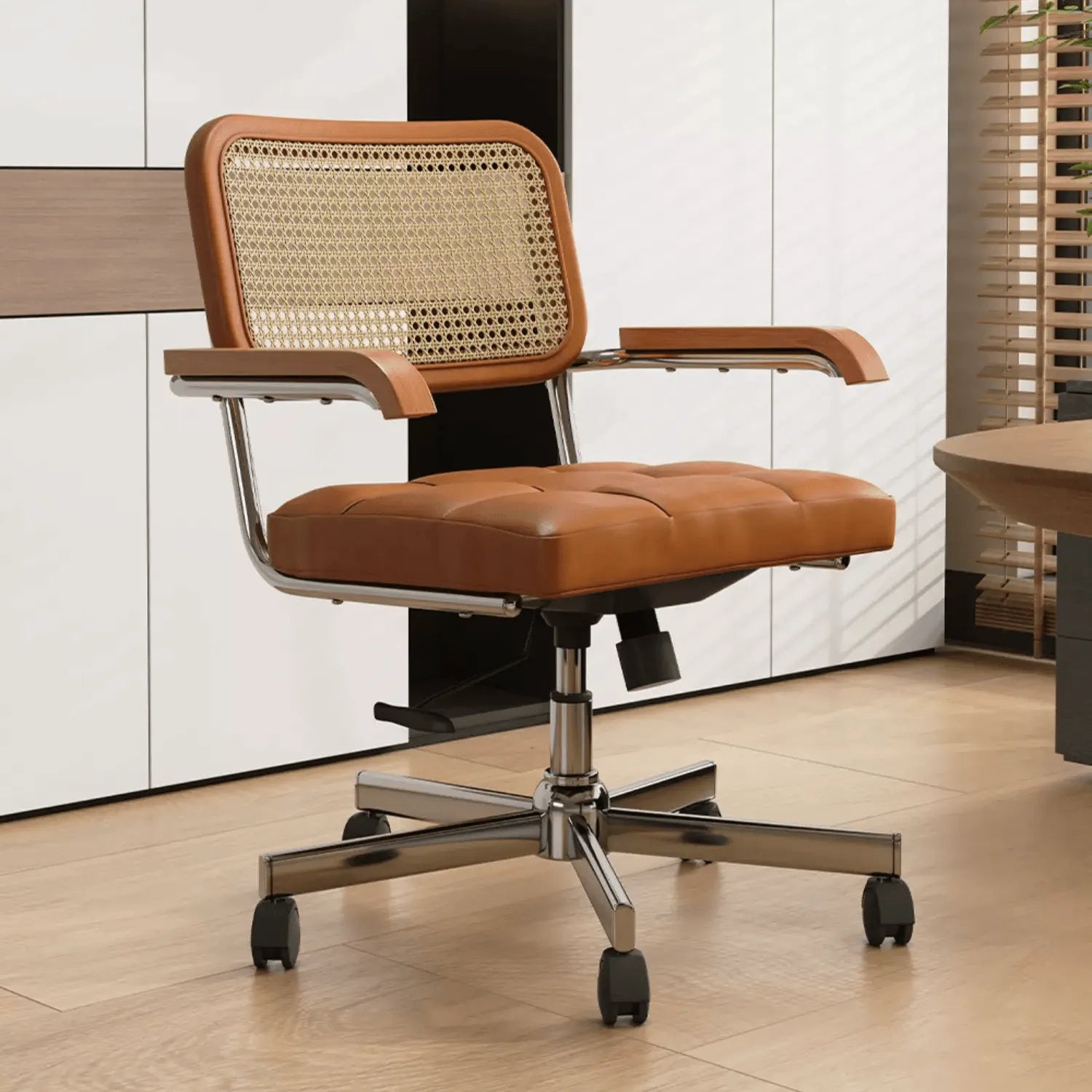 Mid-Century Cane Back Office Chair with Wood Arms and Silent Swivel Base Main Product Image
