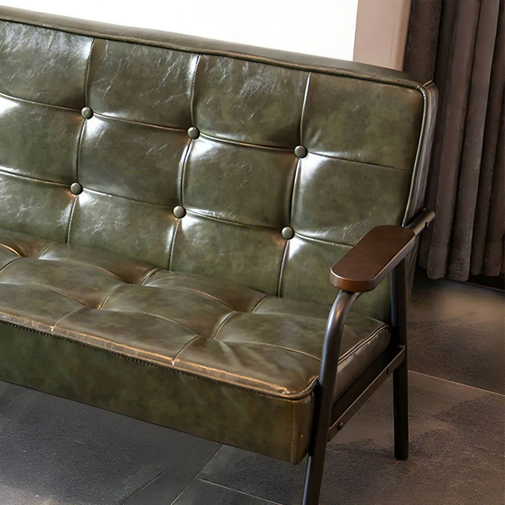 Mid-Century Genuine Leather Tufted Sofa with Recessed Arms