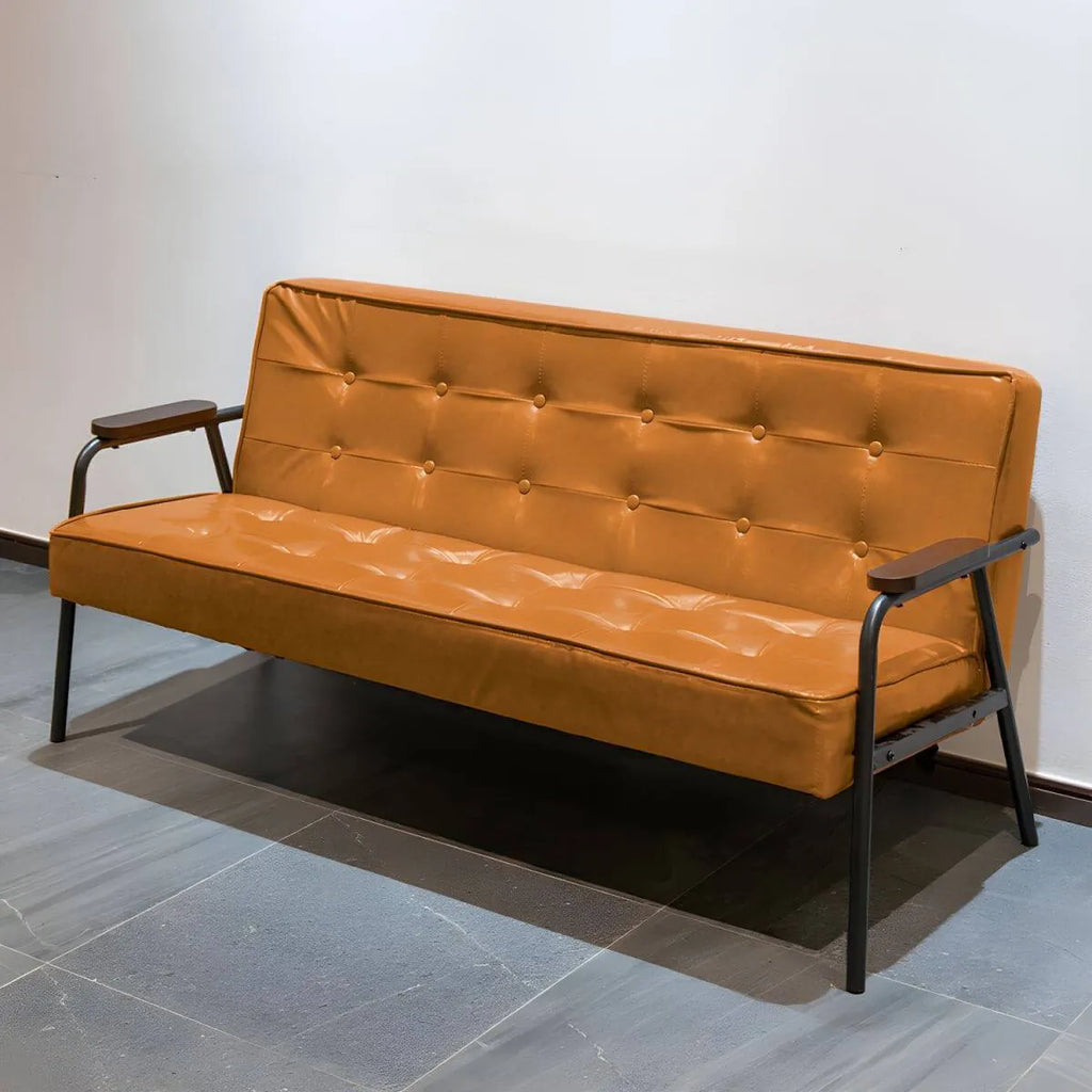 Mid-Century Genuine Leather Tufted Sofa with Recessed Arms