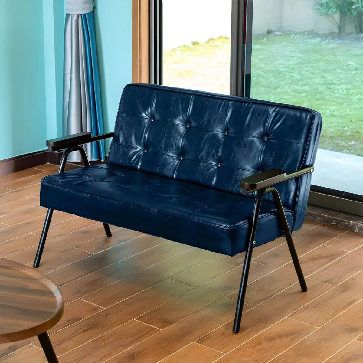 Mid-Century Genuine Leather Tufted Sofa with Recessed Arms