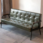 Mid-Century Genuine Leather Tufted Sofa with Recessed Arms