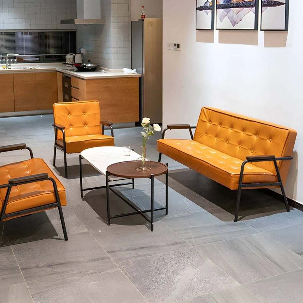 Mid-Century Genuine Leather Tufted Sofa with Recessed Arms