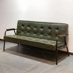 Mid-Century Genuine Leather Tufted Sofa with Recessed Arms