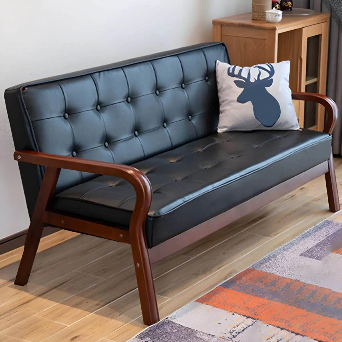 Mid-Century Genuine Leather Tufted Sofa with Recessed Arms Secondary image