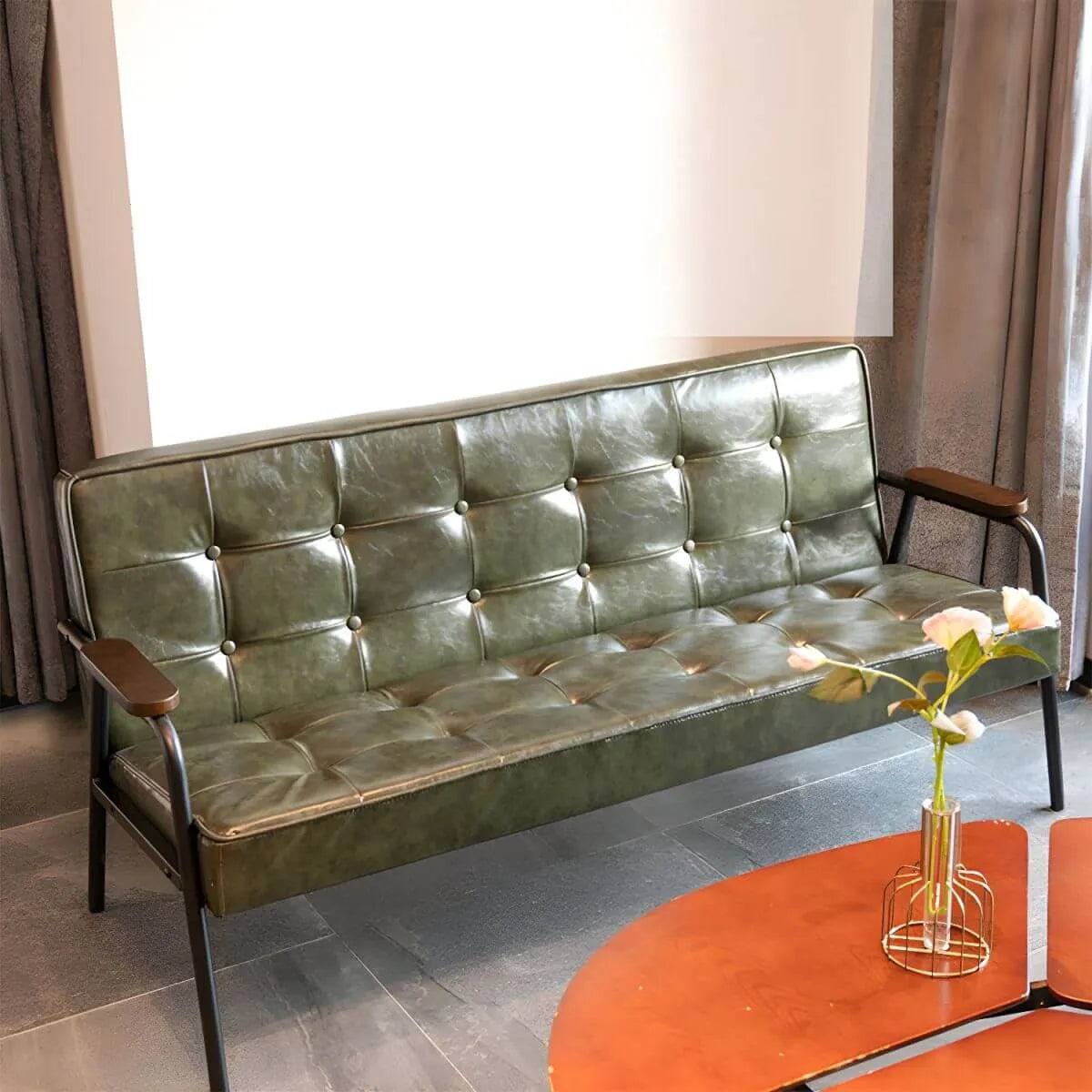 Mid-Century Genuine Leather Tufted Sofa with Recessed Arms