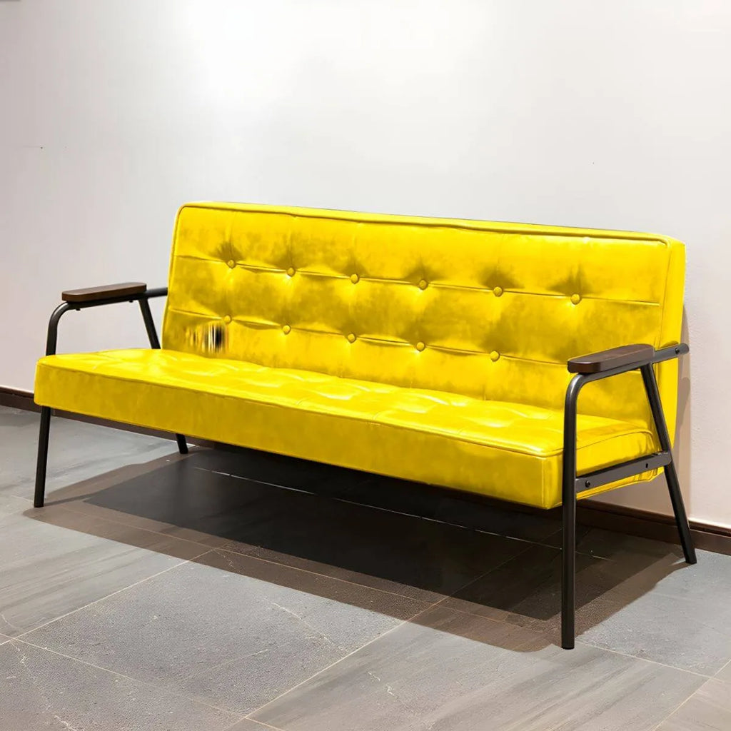 Mid-Century Genuine Leather Tufted Sofa with Recessed Arms