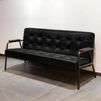 Mid-Century Genuine Leather Tufted Sofa with Recessed Arms