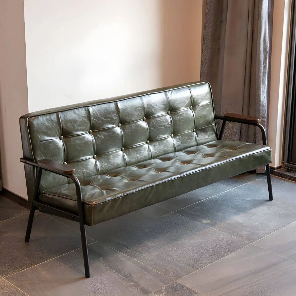 Mid-Century Genuine Leather Tufted Sofa with Recessed Arms Main Product Image