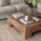 Mid-Century Inspired Burlwood Coffee Table – Warm Tones and Textured Surface Detail