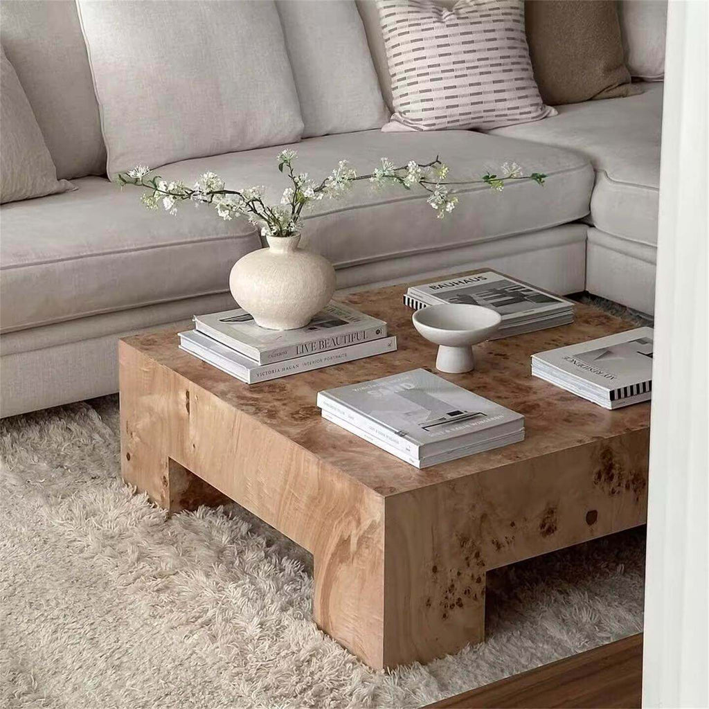 Mid-Century Inspired Burlwood Coffee Table – Warm Tones and Textured Surface Detail